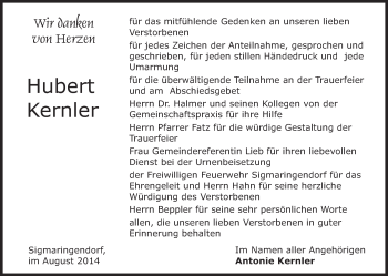 Anzeige von Hubert Kernler von Schwäbische Zeitung