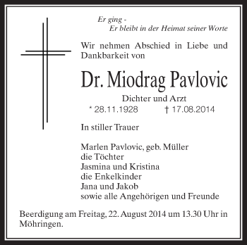 Anzeige von Miodrag Pavlovic von Schwäbische Zeitung