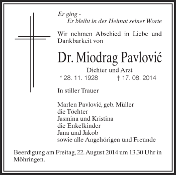 Anzeige von Miodrag Pavlovic von Schwäbische Zeitung