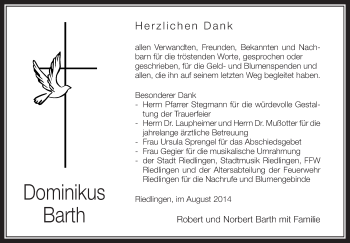 Anzeige von Dominikus Barth von Schwäbische Zeitung