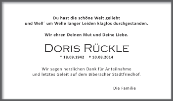 Anzeige von Doris Rückle von Schwäbische Zeitung