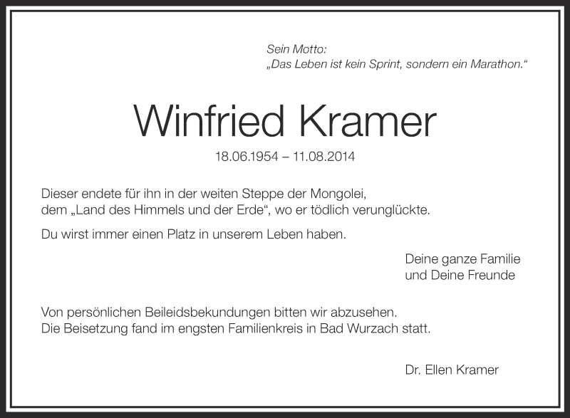  Traueranzeige für Winfried Kramer vom 02.09.2014 aus Schwäbische Zeitung