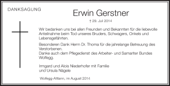 Anzeige von Erwin Gerstner von Schwäbische Zeitung