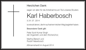 Anzeige von Karl Haberbosch von Schwäbische Zeitung
