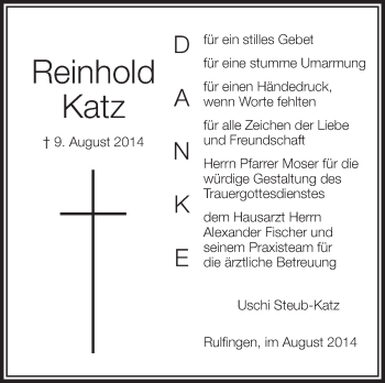Anzeige von Reinhold Katz von Schwäbische Zeitung