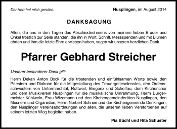 Anzeige von Gebhard Streicher von Schwäbische Zeitung