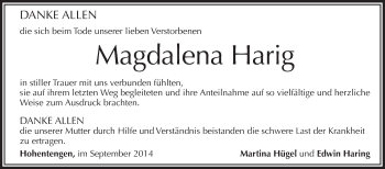 Anzeige von Magdalena Hang von Schwäbische Zeitung