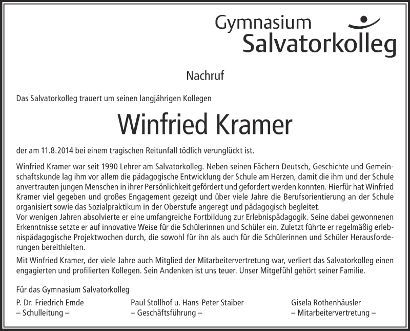  Traueranzeige für Winfried Kramer vom 10.09.2014 aus Schwäbische Zeitung