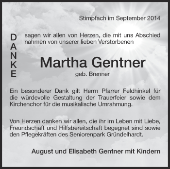 Anzeige von Martha Gentner von Schwäbische Zeitung
