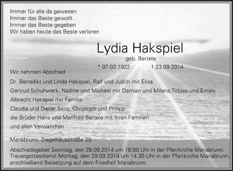  Traueranzeige für Lydia Hakspiel vom 26.09.2014 aus Schwäbische Zeitung