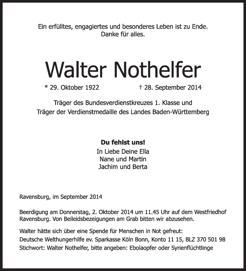  Traueranzeige für Walter Nothelfer vom 30.09.2014 aus Schwäbische Zeitung