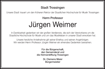 Anzeige von Jürgen Weimer von Schwäbische Zeitung