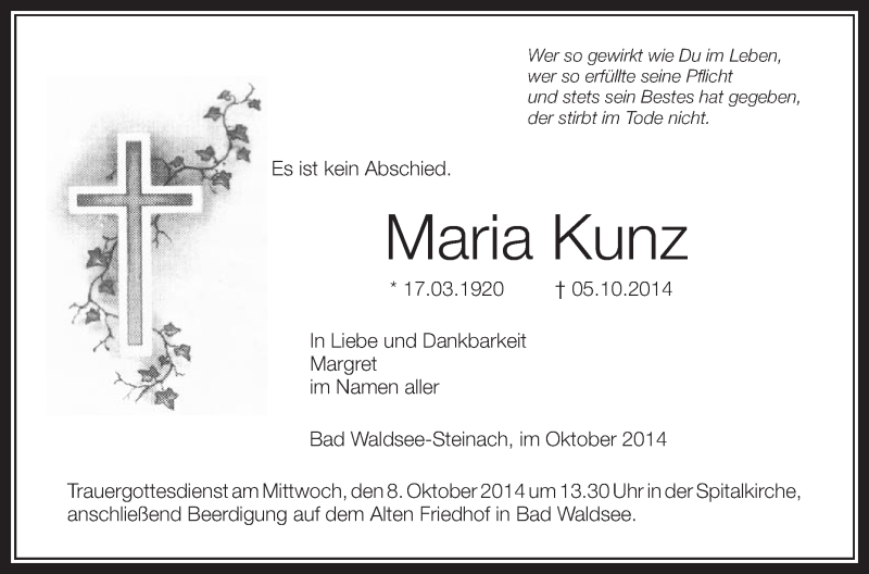  Traueranzeige für Maria Kunz vom 07.10.2014 aus Schwäbische Zeitung