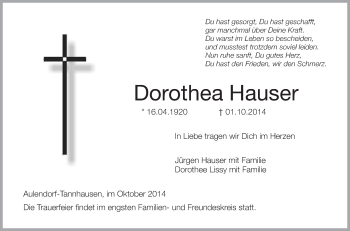Anzeige von Dorothea Hauser von Schwäbische Zeitung