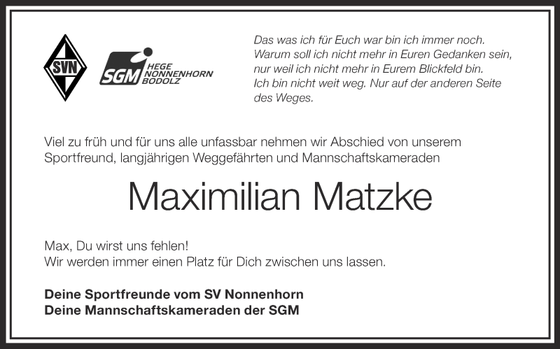  Traueranzeige für Maximilian Matzke vom 23.10.2014 aus Schwäbische Zeitung