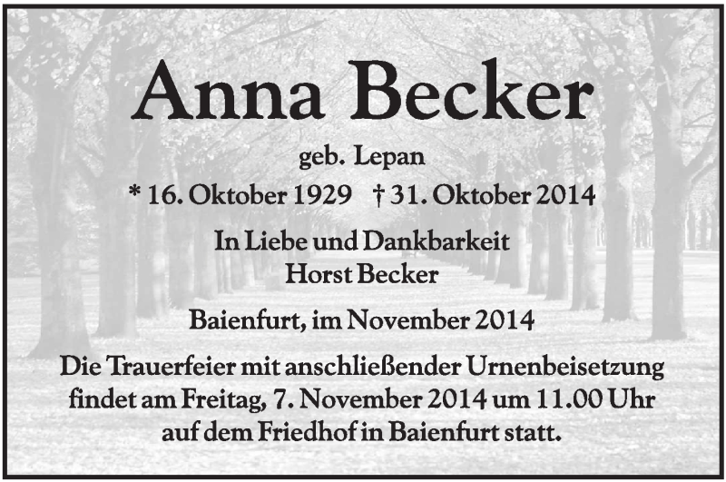  Traueranzeige für Anna Becker vom 04.11.2014 aus Schwäbische Zeitung