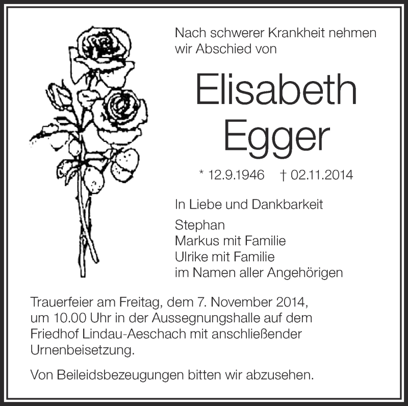 Traueranzeigen Von Elisabeth Egger | Schwaebische.de Trauerportal