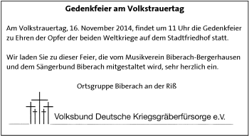 Anzeige von Gedenkfeier am 16.11.2014 von Schwäbische Zeitung