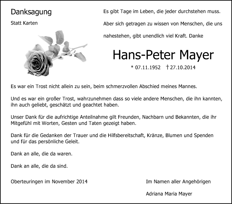 Traueranzeigen von HansPeter Mayer schwaebische.de Trauerportal