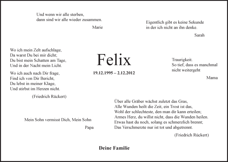  Traueranzeige für Felix Palm vom 02.12.2014 aus Schwäbische Zeitung