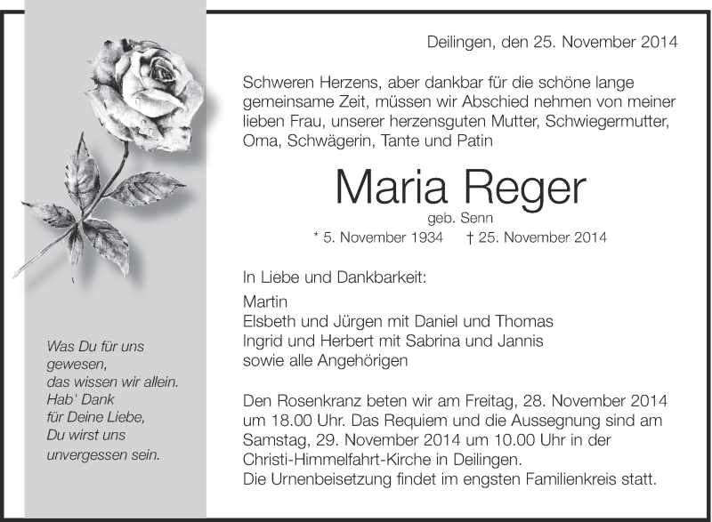  Traueranzeige für Maria Reger vom 27.11.2014 aus Schwäbische Zeitung