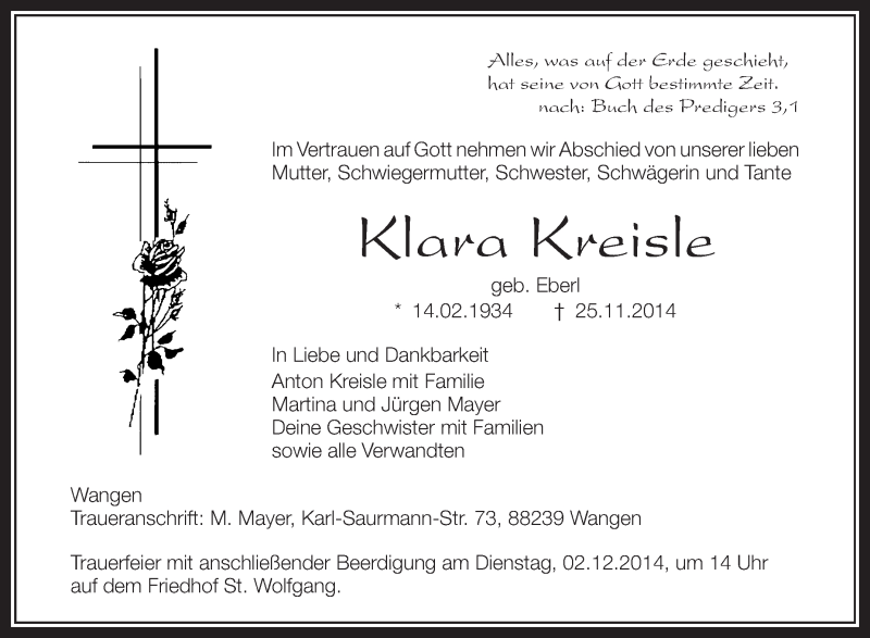  Traueranzeige für Klara Kreisle vom 29.11.2014 aus Schwäbische Zeitung