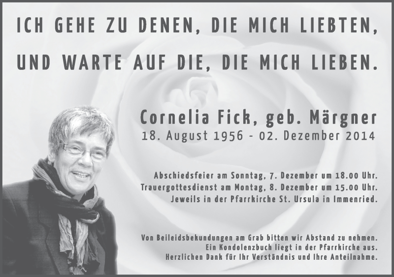  Traueranzeige für Cornelia Fick vom 05.12.2014 aus Schwäbische Zeitung
