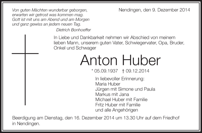  Traueranzeige für Anton Huber vom 12.12.2014 aus Schwäbische Zeitung