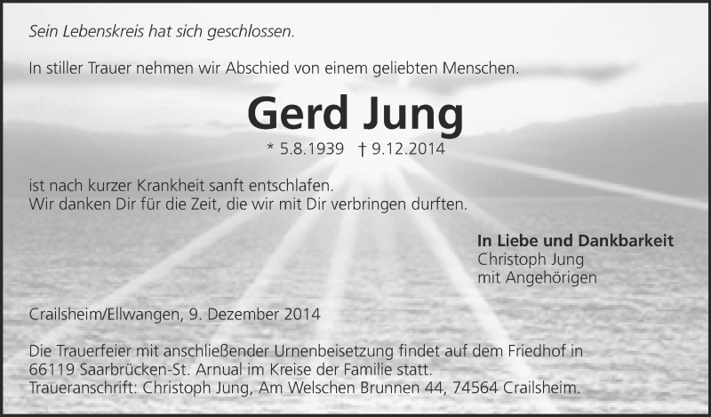  Traueranzeige für Gerd Jung vom 13.12.2014 aus Schwäbische Zeitung