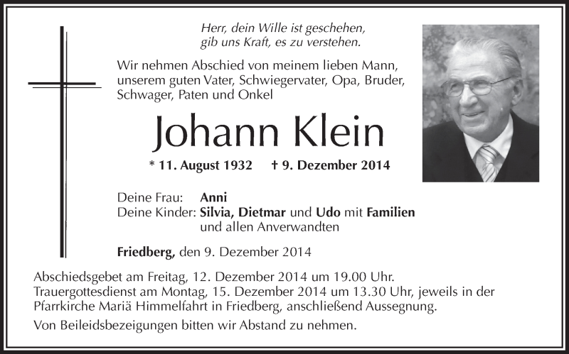  Traueranzeige für Johann Klein vom 12.12.2014 aus Schwäbische Zeitung