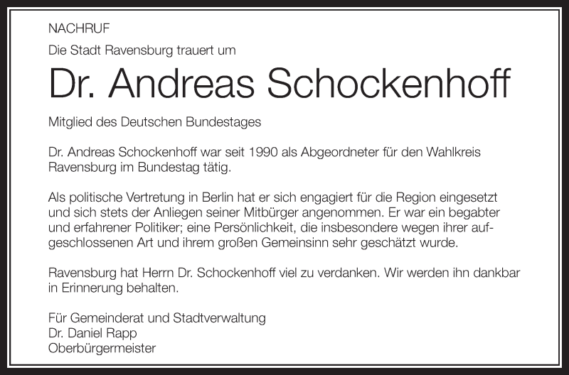  Traueranzeige für Andreas Schockenhoff vom 16.12.2014 aus Schwäbische Zeitung