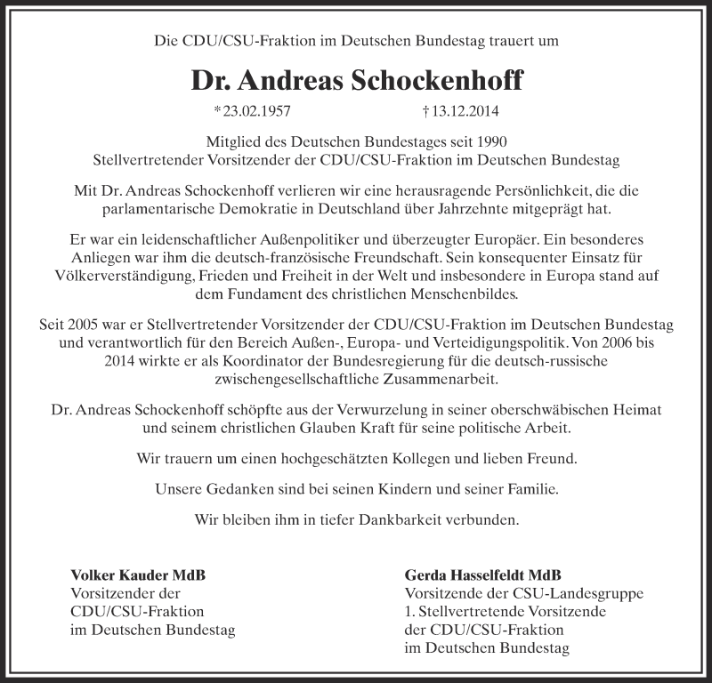  Traueranzeige für Andreas Schockenhoff vom 15.12.2014 aus Schwäbische Zeitung