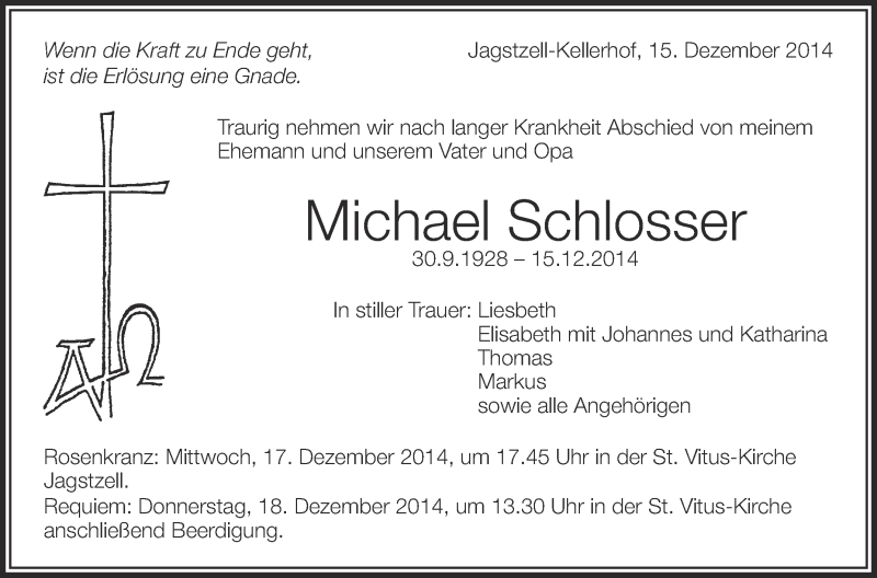  Traueranzeige für Michael Schlosser vom 16.12.2014 aus Schwäbische Zeitung