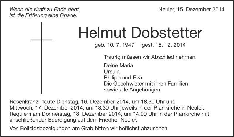  Traueranzeige für Helmut Dobstetter vom 16.12.2014 aus Schwäbische Zeitung
