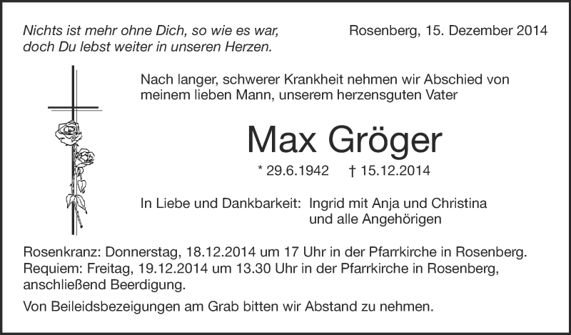  Traueranzeige für Max Gröger vom 16.12.2014 aus Schwäbische Zeitung