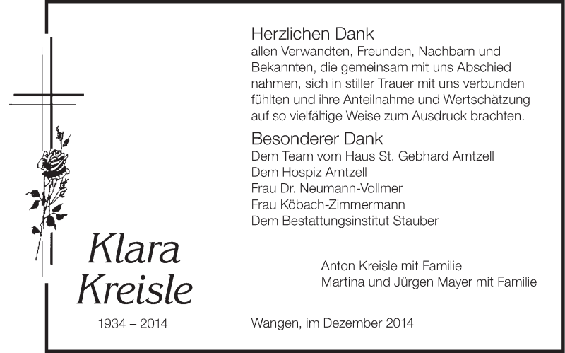  Traueranzeige für Klara Kreisle vom 20.12.2014 aus Schwäbische Zeitung