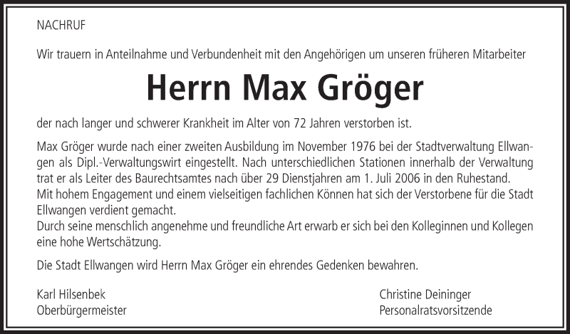  Traueranzeige für Max Gröger vom 17.12.2014 aus Schwäbische Zeitung