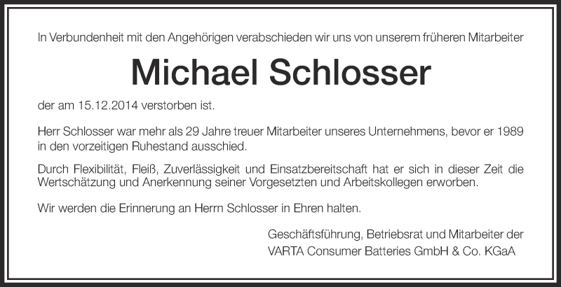  Traueranzeige für Michael Schlosser vom 17.12.2014 aus Schwäbische Zeitung