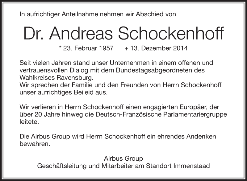  Traueranzeige für Andreas Schockenhoff vom 18.12.2014 aus Schwäbische Zeitung