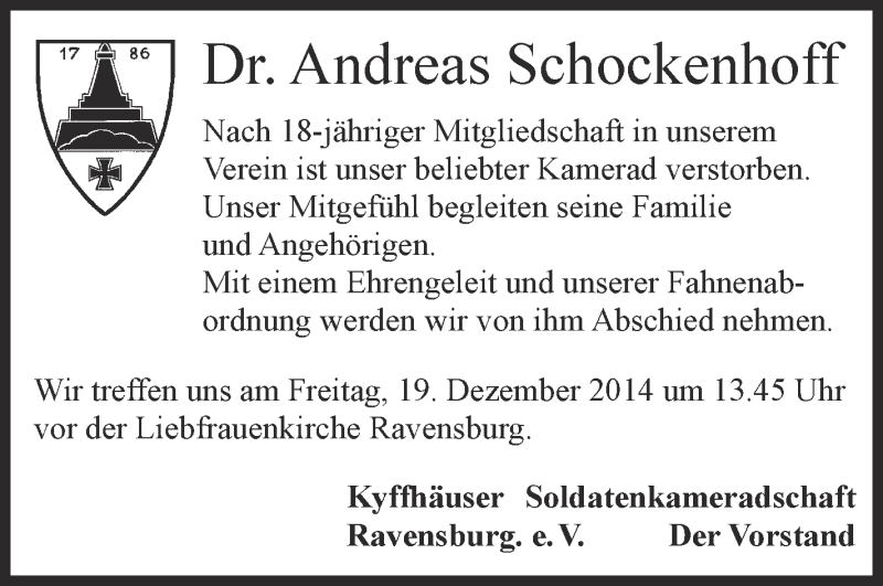  Traueranzeige für Andreas Schockenhoff vom 18.12.2014 aus Schwäbische Zeitung