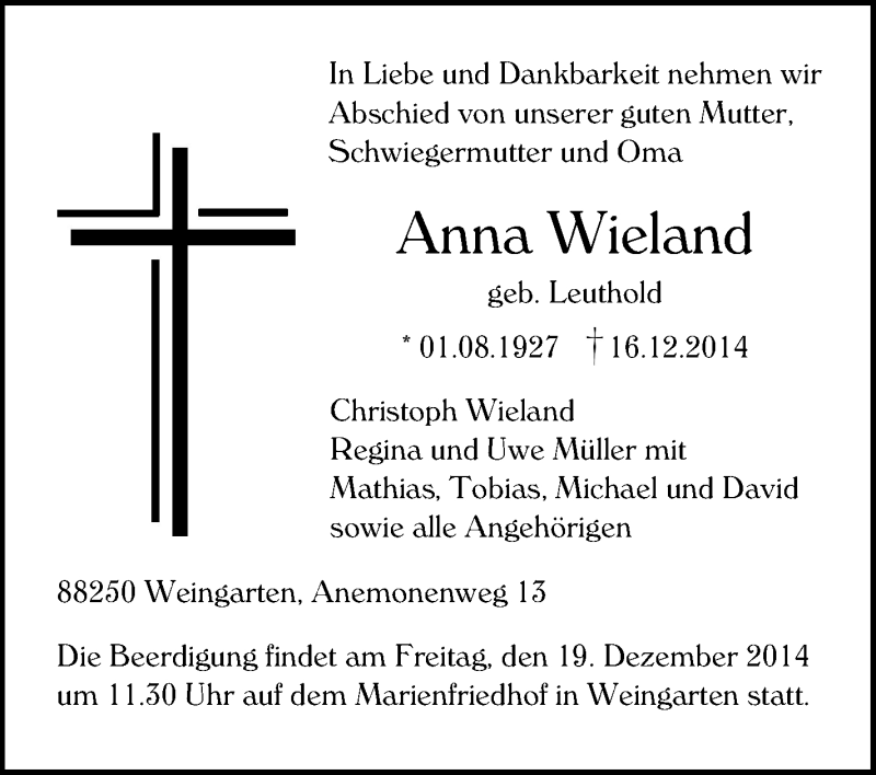 Traueranzeigen Von Anna Wieland Schwaebische De Trauerportal My Xxx