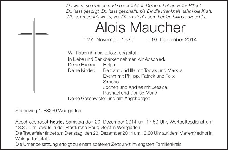  Traueranzeige für Alois Maucher vom 20.12.2014 aus Schwäbische Zeitung