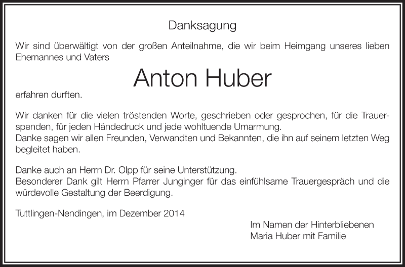  Traueranzeige für Anton Huber vom 30.12.2014 aus Schwäbische Zeitung