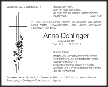 Anzeige von Anna Dehlinger von Schwäbische Zeitung