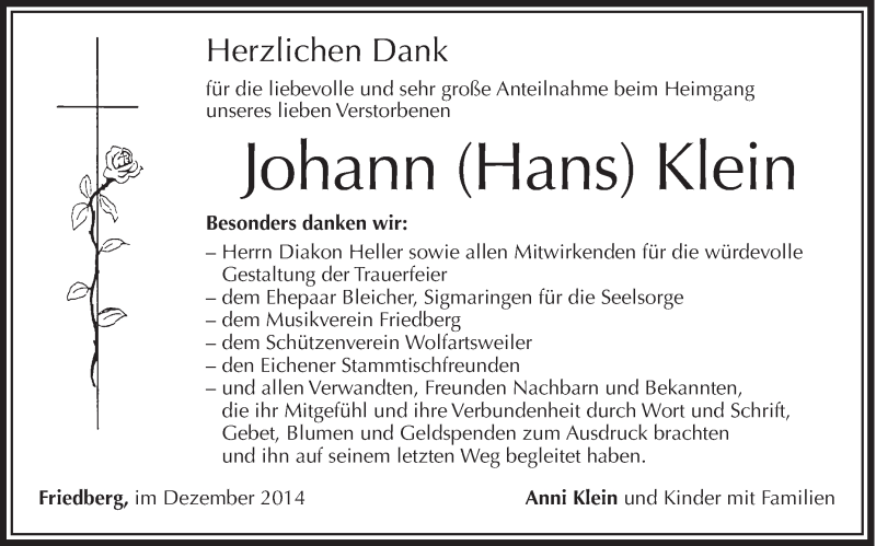  Traueranzeige für Johann Klein vom 31.12.2014 aus Schwäbische Zeitung