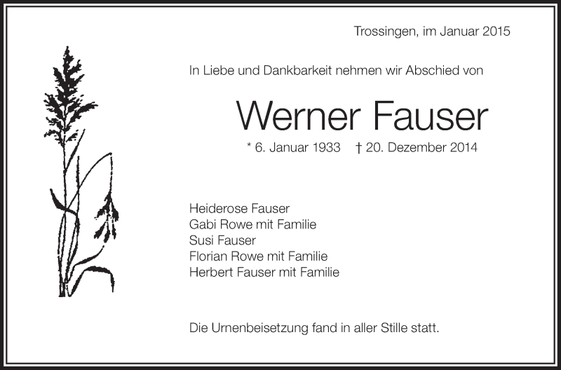  Traueranzeige für Werner Fauser vom 03.01.2015 aus Schwäbische Zeitung