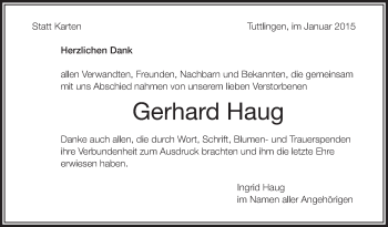 Anzeige von Gerhard Haug von Schwäbische Zeitung