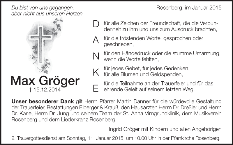  Traueranzeige für Max Gröger vom 08.01.2015 aus Schwäbische Zeitung