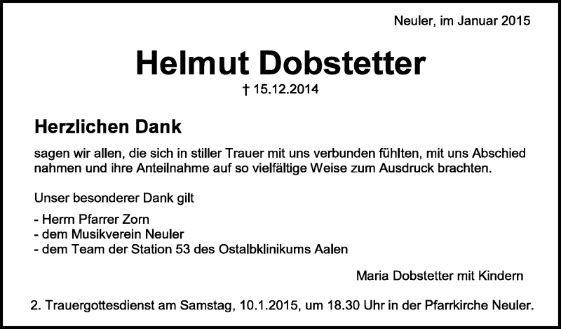  Traueranzeige für Helmut Dobstetter vom 08.01.2015 aus Schwäbische Zeitung