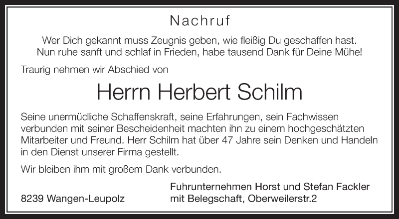  Traueranzeige für Herbert Schilm vom 14.01.2015 aus Schwäbische Zeitung